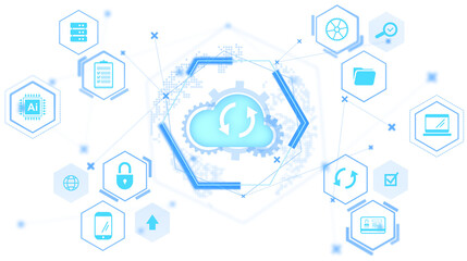 Cloud technology sketch with cloud gear icon, digital data symbols, light blue illustration style on white background, concept of data synchronization