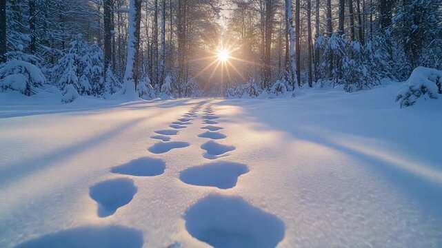 Snowy forest path with footprints at sunset