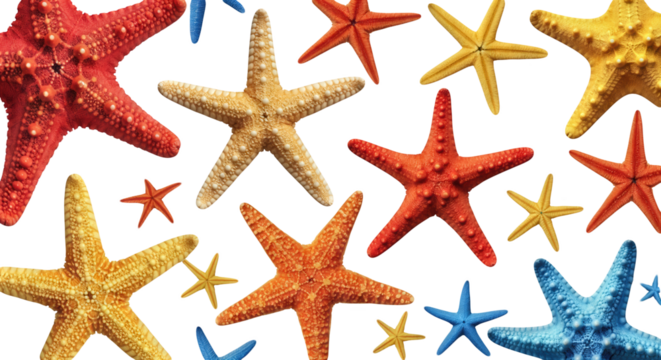 Assorted Colorful Starfish Scattered Sea Stars Collection Red Yellow Orange Blue Textures Isolated on transparent background Tropical Beach Vacation Decor Ocean