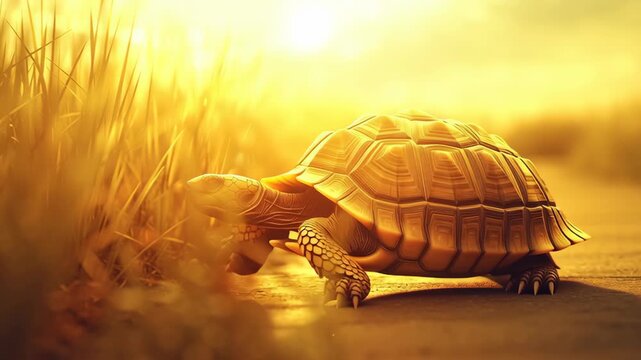 A turtle is walking on the road. The sun is shining on the turtle. A tortoise crawling across a smooth sunlit path