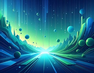 Digital art featuring a futuristic landscape and celestial orbs