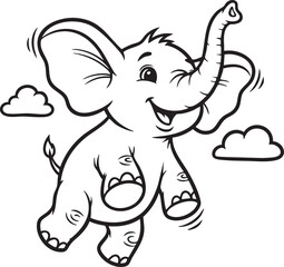 Joyful Baby Elephant Flying Cartoon Outline