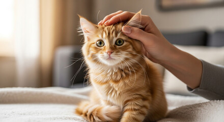 Adorable ginger kitten getting gentle head pats on cozy blanket, creating a heartwarming moment of love and companionship in soft light