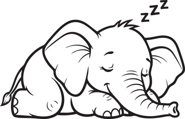 Adorable Sleeping Baby Elephant Cartoon Line Art