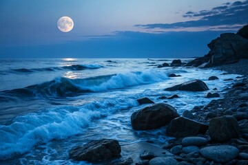 sea wave crash at shore under full moon