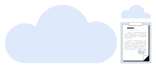 Large translucent cloud and signed document with stamp and signature indicating secure digital storage. Ideal for cloud computing, business, security, technology, innovation, data management, simple