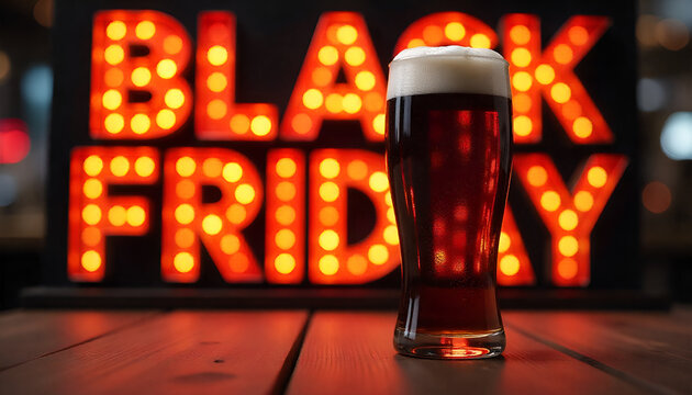 Black Friday Happy Hour Vector: Dark Beer Pint with Foam in front of Illuminated Sale Sign on Wooden Bar