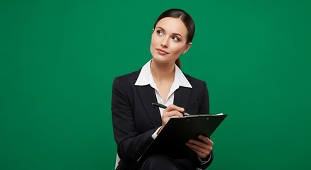 Woman in a suit on a green background with a clipboard