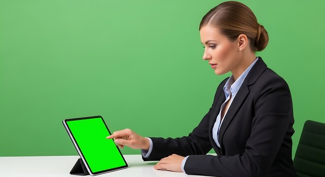 Woman in a black suit using a tablet with a green screen