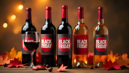 Black Friday Wine Sale Vector Banner: Premium Discount on Red and White Wine Bottles with Autumn Decor