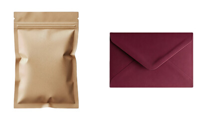 Blank Kraft Paper Stand Up Pouch Next to Closed Burgundy Red Envelope Mockup for Packaging Design Branding E Commerce Mailer Against transparent background