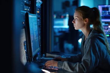 Young caucasian woman with long brown hair in a ponytail wearing a grey hoodie intensely focuses on a computer screen filled with code in a dimly lit server room at night with blue ambient lighting