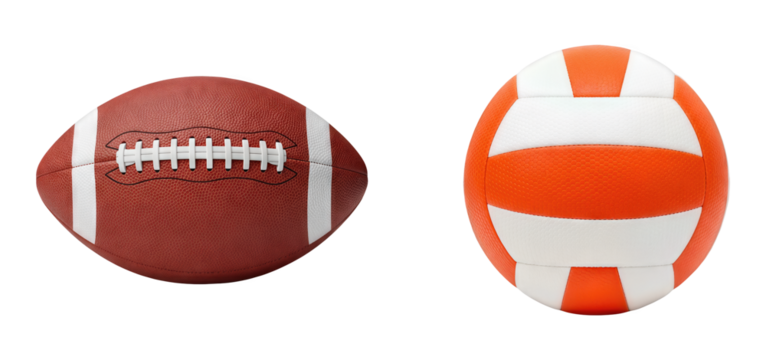 American Football and Orange White Volleyball Sports Equipment Comparison Side by Side Isolated on transparent background Team Sports Competition Ball Selection - Powered by Adobe