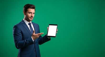 Man in a blue suit holding a tablet with a blank screen