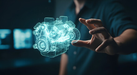 Man presenting a holographic engine design with hand in a dark environment with screens behind