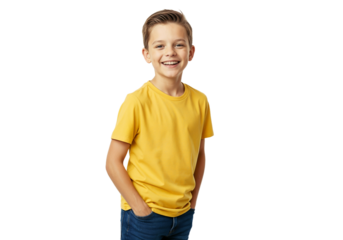 Smiling boy in yellow shirt poses confidently with hands in pockets against a plain background