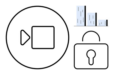 Camera icon in a circle, bar graph for data analysis, and closed lock for privacy. Ideal for security, video monitoring, data protection, surveillance, analytics, technology privacy simple flat
