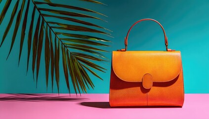 Orange Leather Handbag Against Teal and Pink Background with Palm Leaf.