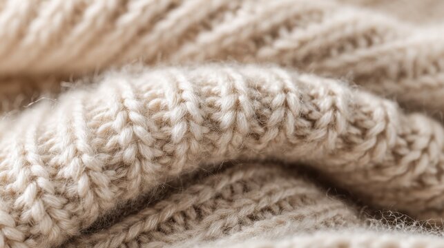 macro photo of soft wool sweater texture in beige and cream tones, gentle lighting, cosy winter aesthetic background, tactile warmth, detailed fibers