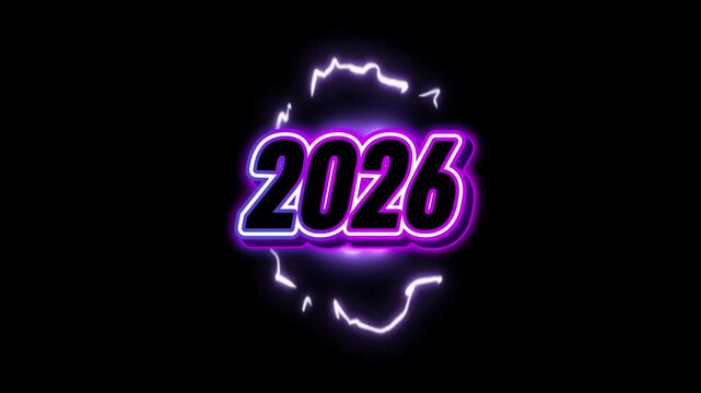Vibrant neon 2026 New Year animation on black background