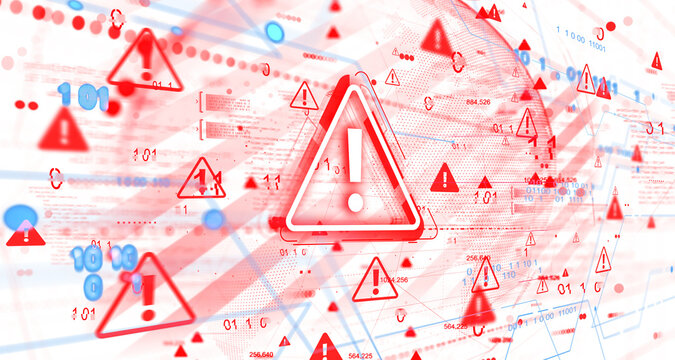 Red warning triangle illustrations with exclamation marks overlaid on a white background, digital blur style, symbolizing data breach or cyber threat concept