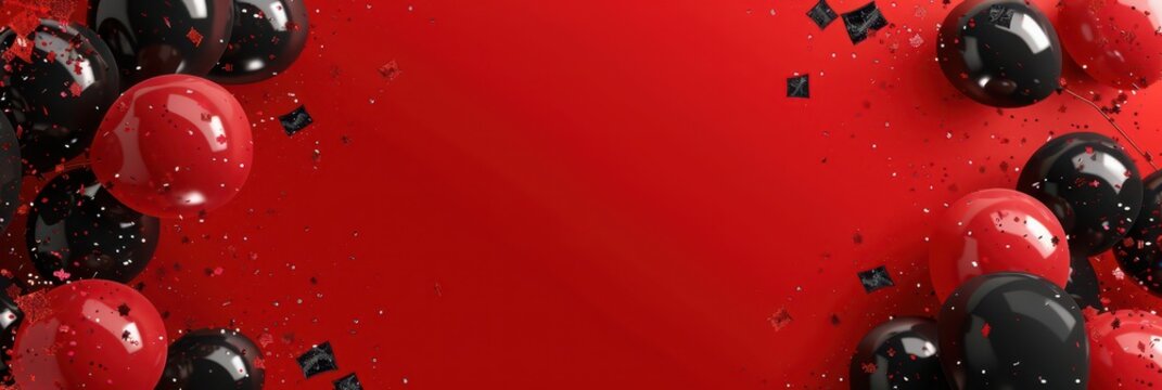 Festive black friday sale template with red and black balloons for event promotion. Horizontal banner. Copy space. Free space for text. Red holiday shopping background with balloons