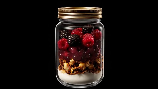 Delicious Berry and Granola Parfait in a Mason Jar on Black Background.