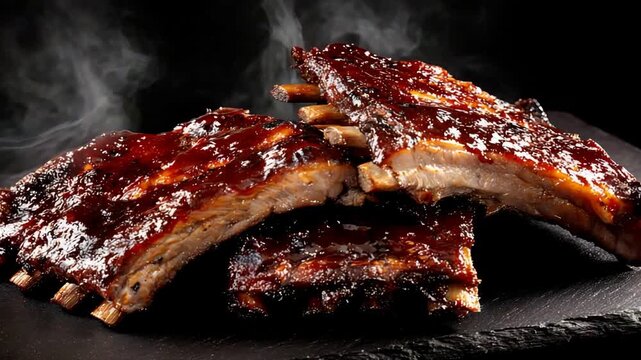Succulent Barbecue Pork Ribs Steaming with Delicious Sauce, Close Up.