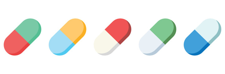 Capsule Pill Icon Set – Flat and Outline Vector Illustrations of Medicine Capsules for Healthcare
 and Medical Design