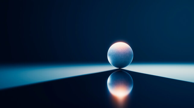A luminous sphere balanced on the edge of a mirror, a concept of fragile perfection
