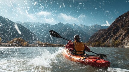 A lone kayaker navigates the choppy waters of a vast lake surrounded by majestic snow capped mountains under a bright blue sky with a light flurry of snow falling