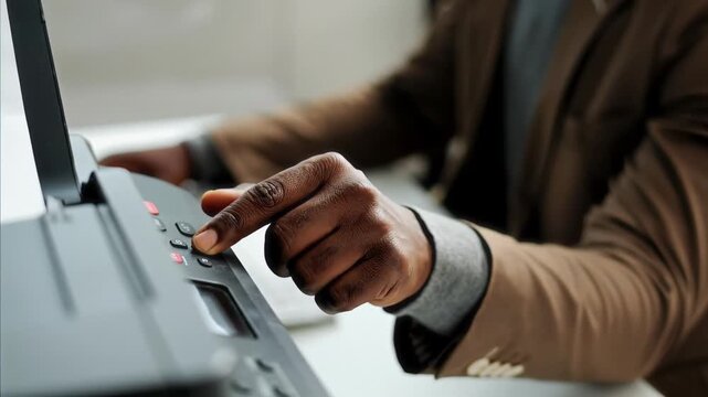 AI animated zoom-in shot of anonymous young black male corporate employee sitting at desk and pressing buttons while setting up and operating printer machine, making copies of presentation or report
