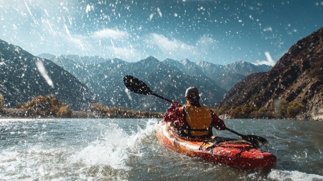 A lone kayaker navigates the choppy waters of a vast lake surrounded by majestic snow capped mountains under a bright blue sky with a light flurry of snow falling
