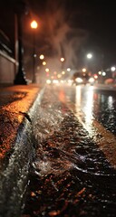 Rainy Night City Street Scene with Reflections.