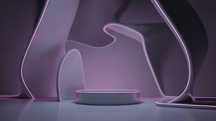 Elegant podium with neon lights and flowing shapes for product showcase