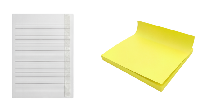 Lined white memo pad next to a bright yellow stack of sticky notes isolated on transparent background for office notes reminders to do lists planning stationery