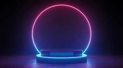Neon circle podium with dark background for product presentation and display