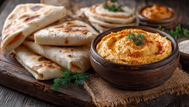 Delicious Hummus and Flatbreads on a Wooden Board.