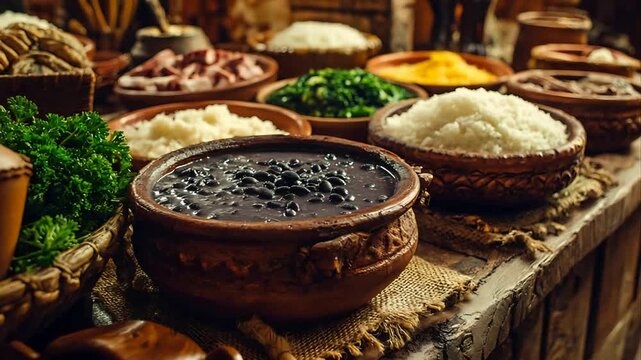 Hearty Brazilian Feijoada Feast with Rice, Greens, and Fresh Parsley.