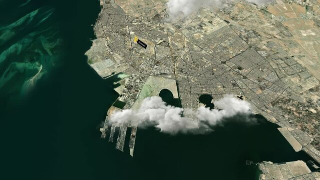 Dammam, Saudi Arabia 3D Satellite Map &ndash; Aerial Animation with English City Labels