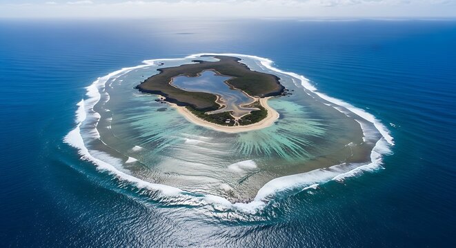 Breathtaking aerial view of a remote tropical atoll surrounded by a vibrant coral reef and deep blue ocean.