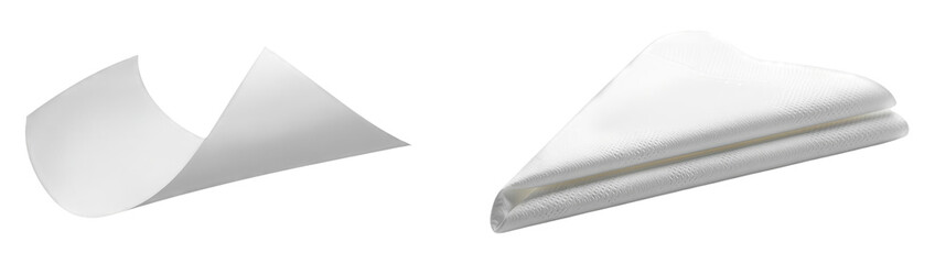 White fabric swatch unfurling next to a neatly folded white mesh napkin or cloth on a clean transparent background for textile design mockup or material texture
