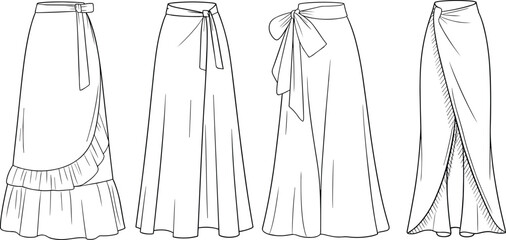 Long wrap skirt collection fashion flat sketch, tied waist design, front view, CAD drawing flat vector illustration for apparel design