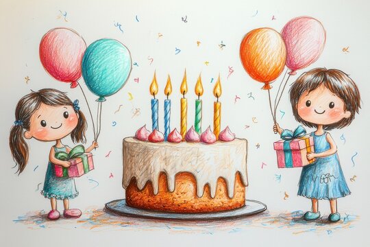 Colorful children's birthday celebration with cake and balloons illustration