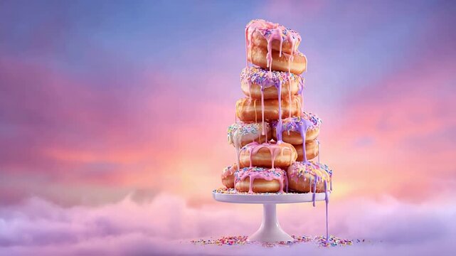 A Towering Dream of Sweet Donuts Against a Pastel Sunset Sky.
