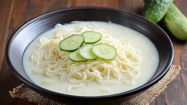 Refreshing Cold Noodle Soup with Cucumber Slices, a Summer Delight.