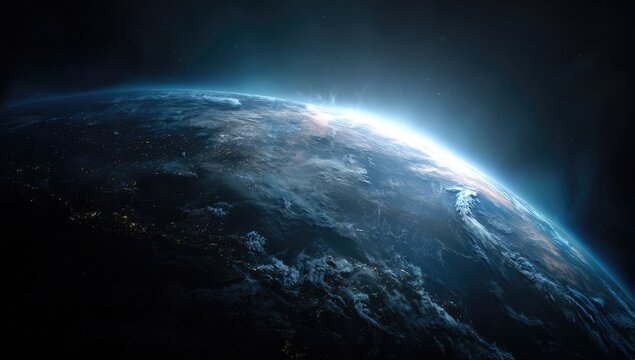 Earth rising above the horizon in space, breathtaking view of our planet. - Powered by Adobe