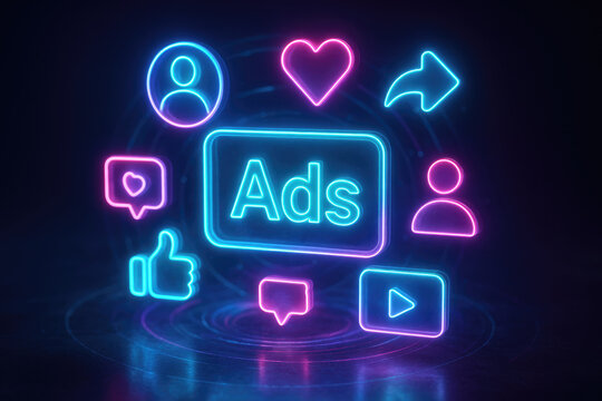 Neon social media icons and the word Ads glow around a central digital interface advertising marketing