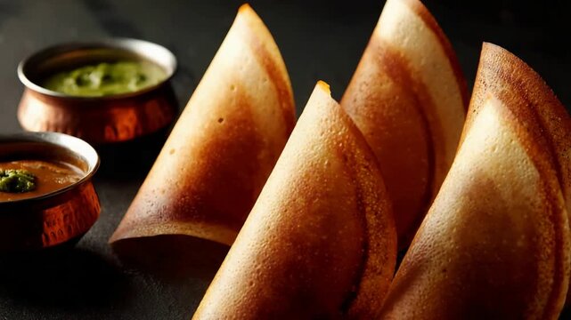 Crispy Golden Dosa Cones Served With Flavorful Indian Sauces.