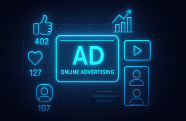 Online advertising concept with social media icons and metrics digital marketing advertisement